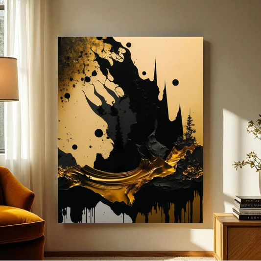 Golden-Fusion™ – Abstrakte Fluid-Kunst – Elegantes Design mit schwarzen und goldenen Wirbeln
