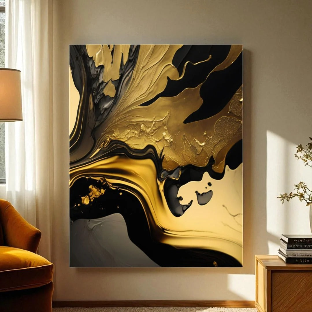 Golden-Fusion™ – Abstrakte Fluid-Kunst – Elegantes Design mit schwarzen und goldenen Wirbeln